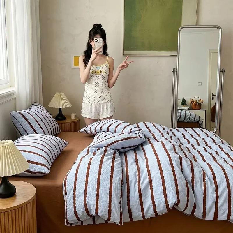 3pcs Blue Striped Duvet Cover Set with 2 Pillowcases Soft Washed Cotton Bedding Set For Girls Single Double King Bedroom Decor