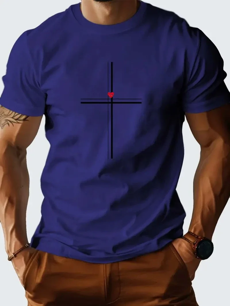 Kurzarm-T-Shirt mit Kreuz- und Herz-Print, Rundhalsausschnitt, lässiges T-Shirt für Herren im minimalistischen Stil