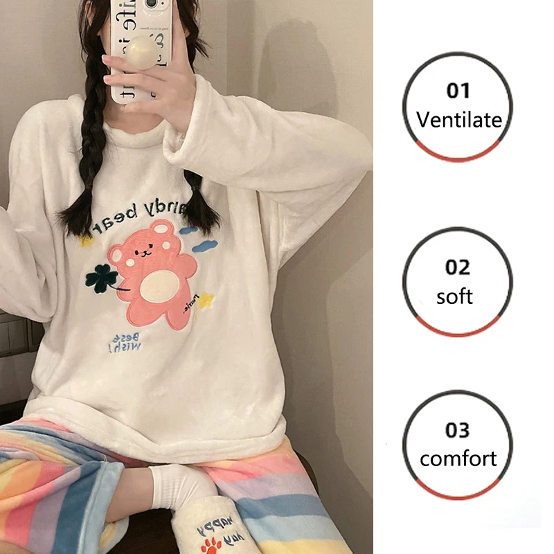 Thickened Warm Large Size Autumn Winter Pyjamas Long-Sleeved Trousers Female Coral Velvet Cartoon Bear Two-Piece Homewear Girl