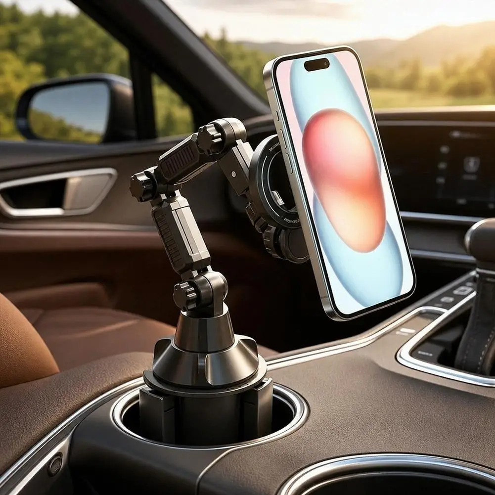 Car Cup Phone Holder Magnetic Phone Mount Stable Super Strong Suction Adjustable Long Arm Mobile Support For Car