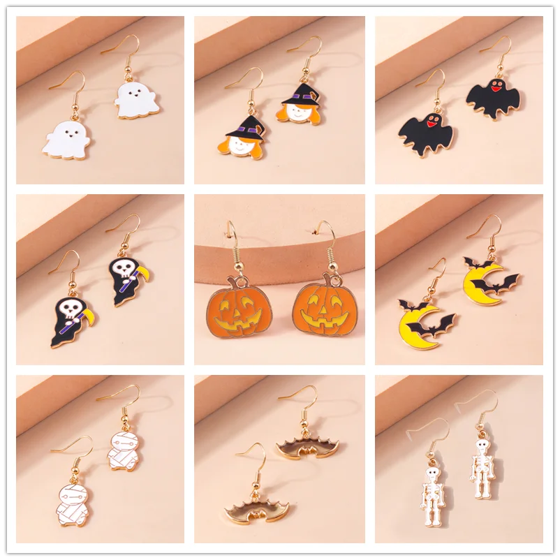 Aihua Fashion Halloween Earrings Enamel Ghost Pumpkin Skeleton Mummy Bat Drop Earrings For Women Halloween Night Party Jewelry