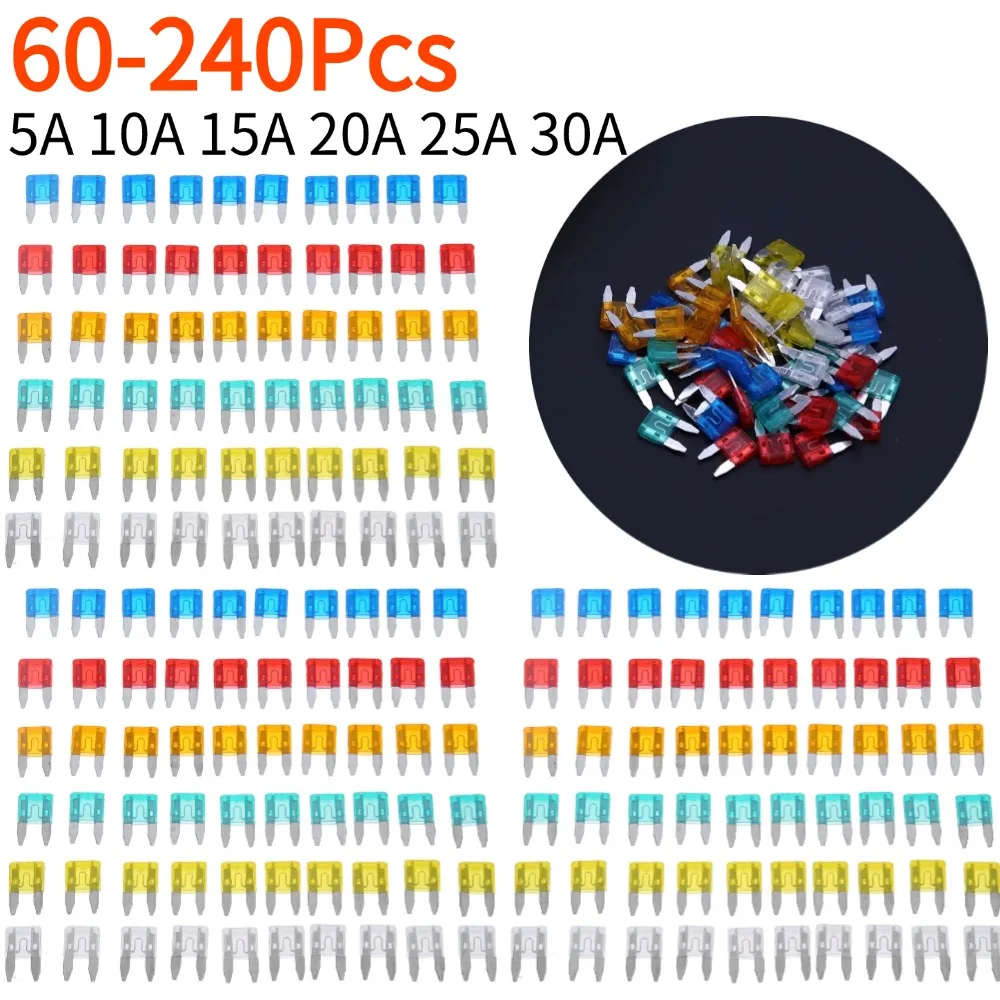 60-240Pcs Auto Car Truck Mini Fuse Mixed Set Kit 5A 10A 15A 20A 25A 30A Safety Assortment Mini Truck Blade Fuses Accessories