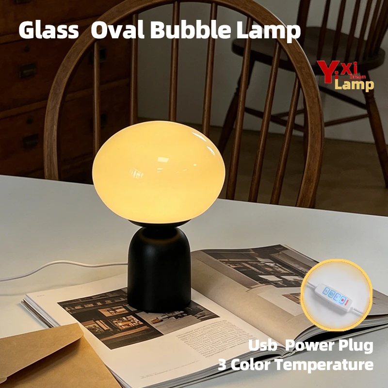 Murano Glass Oval Bubble Table Lamp Nordic Retro Bedside Lamp 3 Color Warm Ambient Light for Bedroom Study Homestay Decor