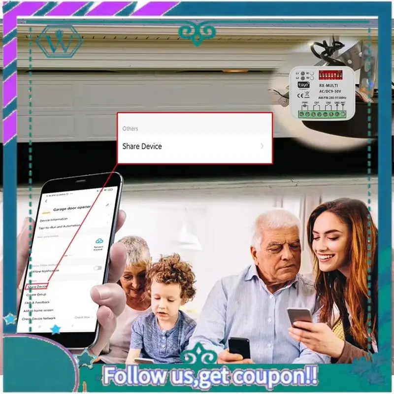 

Upgraded Tuya Wifi Garage Door Switch Multi-Frequency Control Receiver AC DC 9-30V Universal With RF Remote Control 280-915Mhz