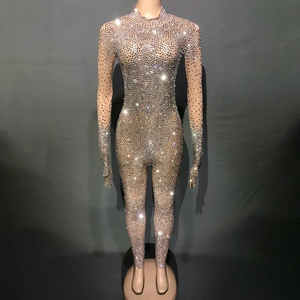 Lussuosi guanti per tuta con strass completi da donna, vestito da compleanno per feste da sera, Costume da ballo con prestazioni in rete Sexy, abbigliamento da palcoscenico