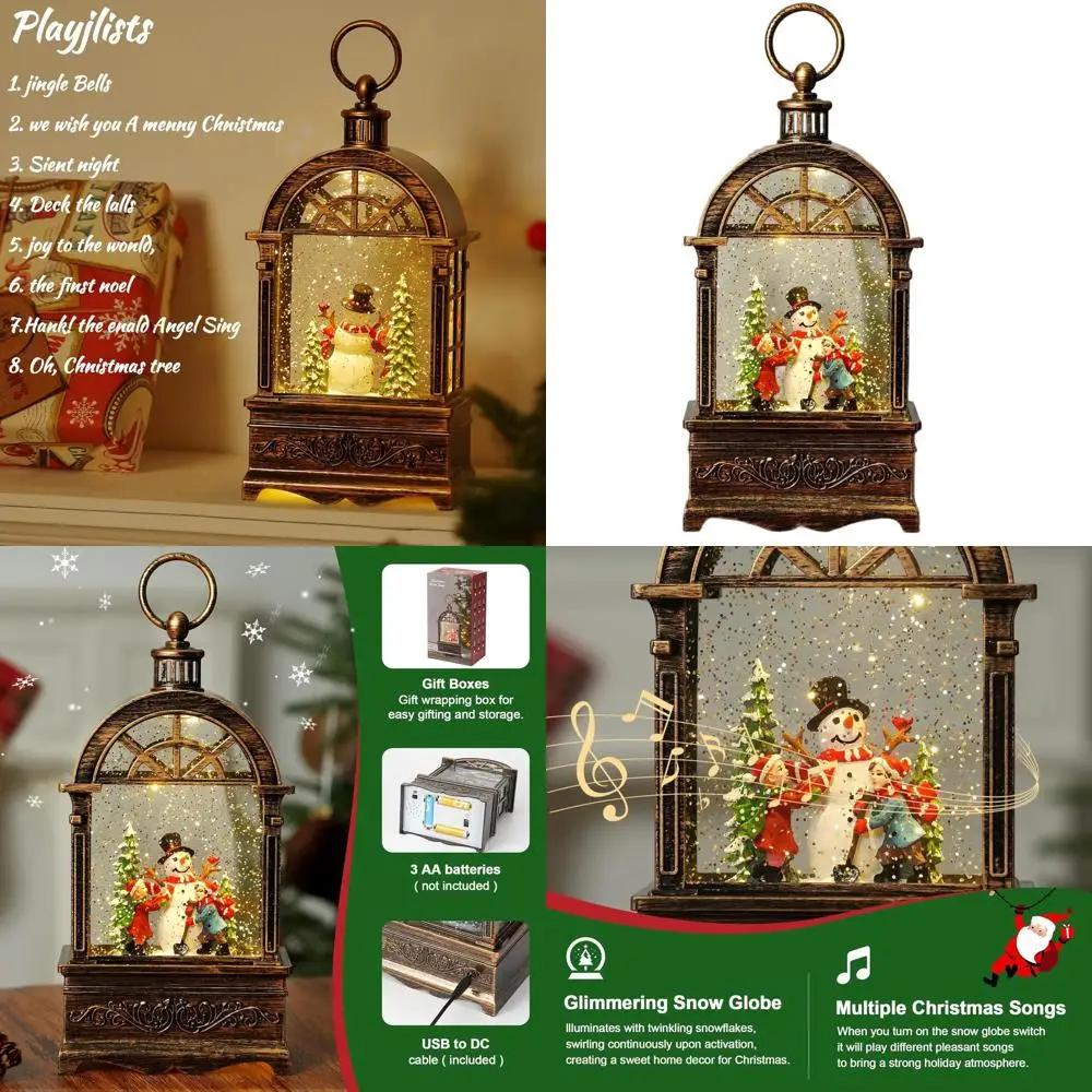 

Glittering Snow Globe Lantern with Snowman & Music, USB/Battery-Powered for Festive Christmas Decor