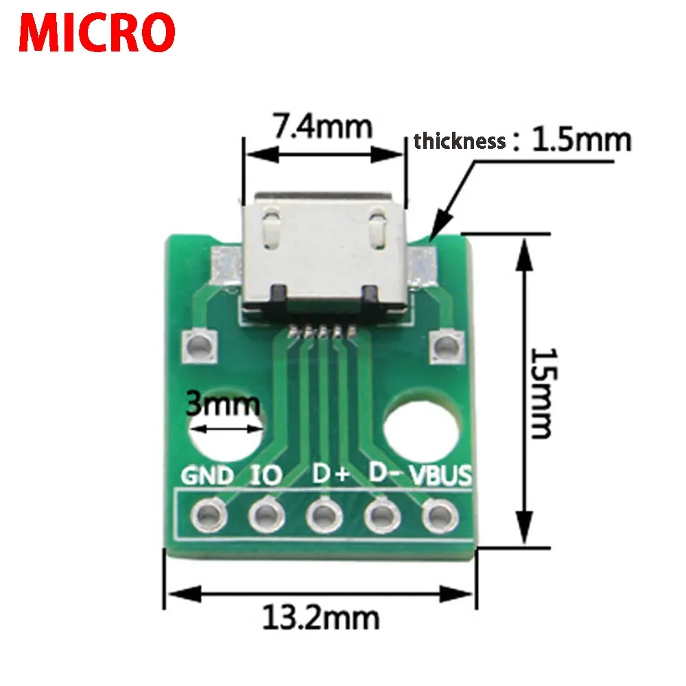 Tipo-C Micro USB para DIP Adaptador, Conector Fêmea, Conversor PCB Tipo B, Breadboard USB-01, Placa de Comutação, Assento Mãe SMT, 2 Pcs
