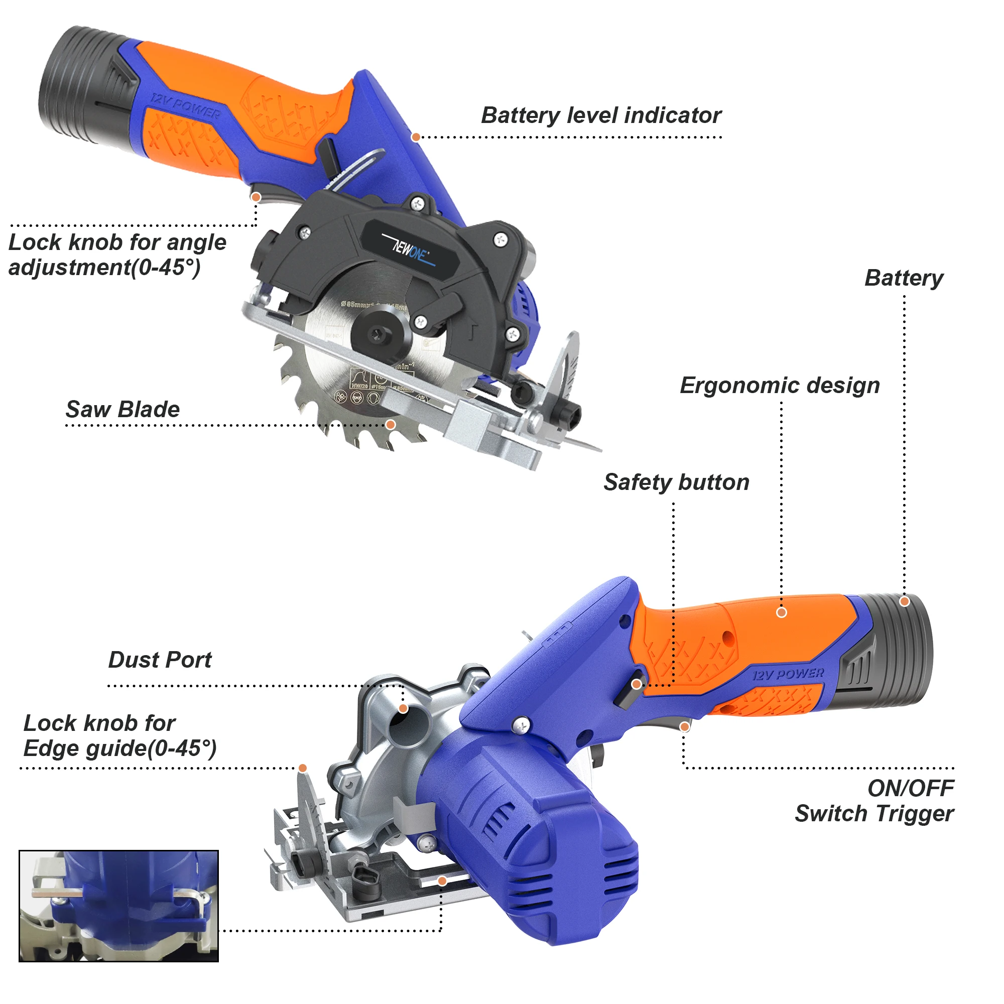 NEWONE Electric Circular Saw ﻿Cordless With Safety Button Handheld Portable Household Use Woodwork Saw Power Tool ﻿Cutting Wood