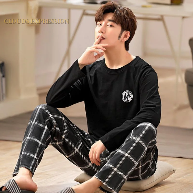 Autumn Winter Knitted Cotton Cartoon Men\'s Pyjamas Couple Pajamas Set Casual Male Sleepwear Pyjamas Night Pijamas Homewear 4XL