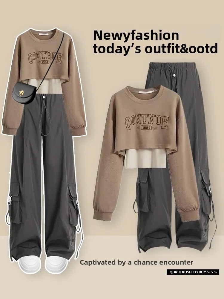 패셔너블한 출퇴근룩 여성용 라운드넥 긴팔 스웨트셔츠 하이웨이스트 슬림핏 바지 투피스 세트