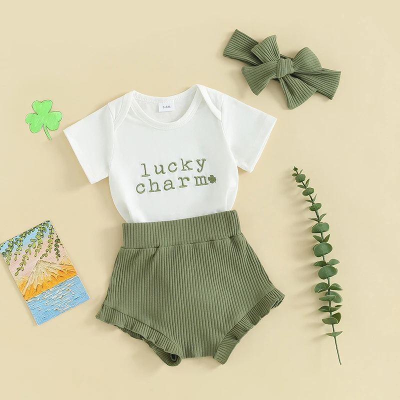 Toddler Girls St Patrick s Day Costume Green Shamrock Clover Print Romper Skirt Headband Set Baby Irish Outfit for Parade