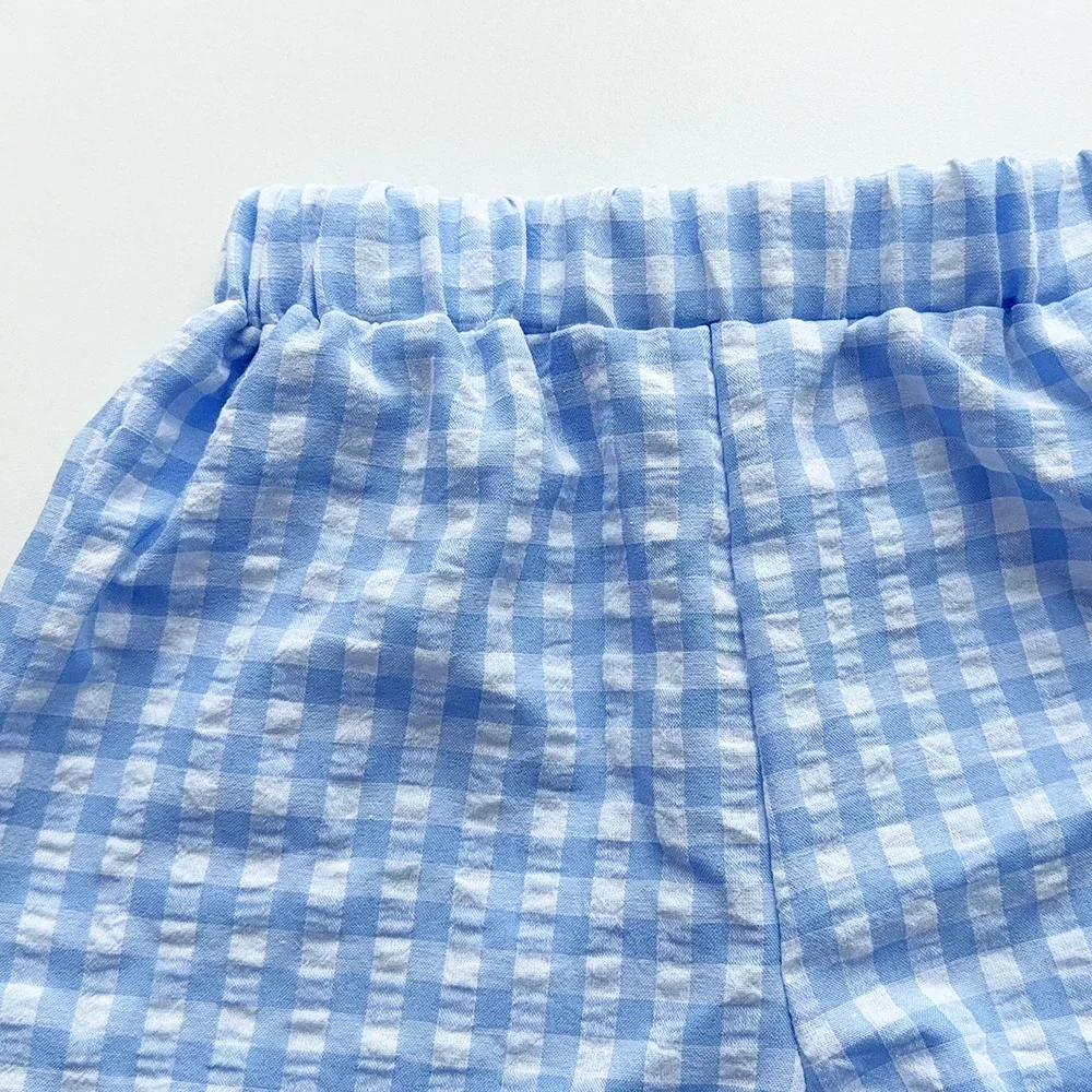 Blue and White Grid Fresh Casual Girls' Clothing Lace Sleeveless Single Breasted Vest+wide Leg Pants Two-piece Set for Summer image 5
