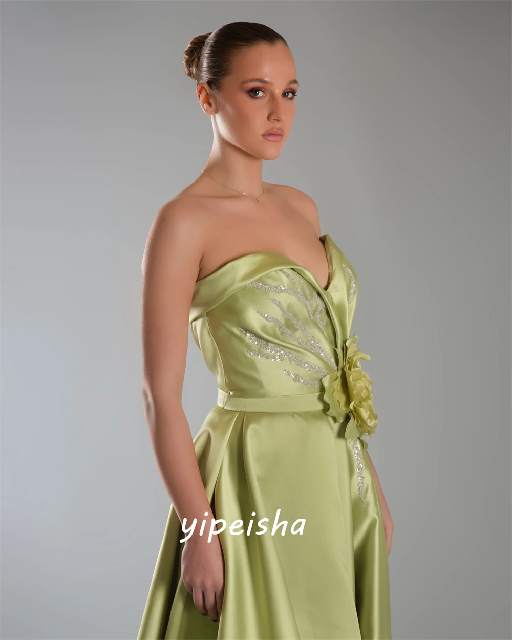 Customized Satin Handmade Flower Sequined Draped Formal Evening A-line Strapless Bespoke Occasion Gown Long Dresses