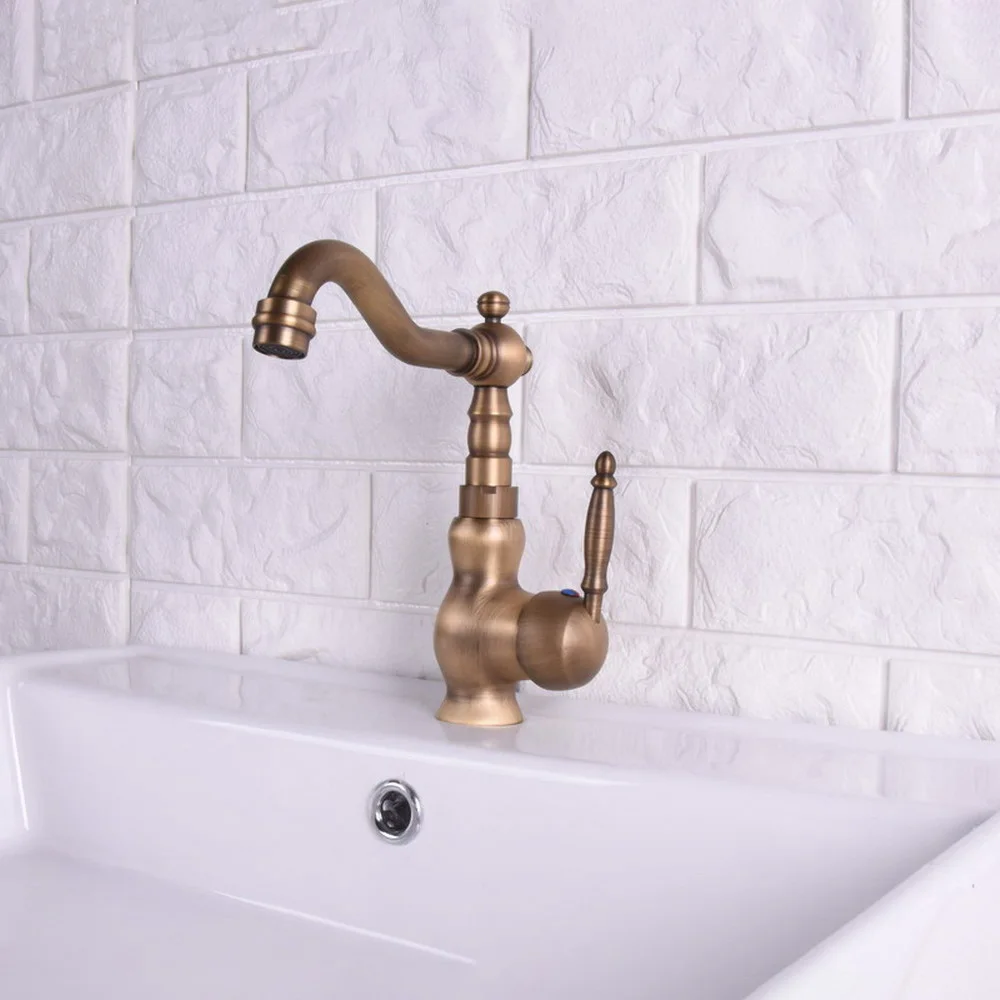 

Vintage Retro Antique Brass Swivel Spout Bathroom Sink Faucets Single Handle Hole Deck Mount Wash Basin Mixer Taps Lsf119