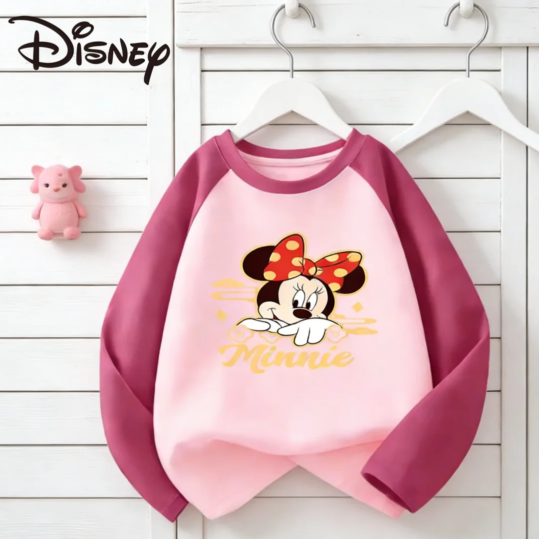 

Детские толстовки с круглым вырезом Disney, детская футболка с длинными рукавами для активного отдыха на открытом воздухе, милый свитшот с принтом Минни для девочек