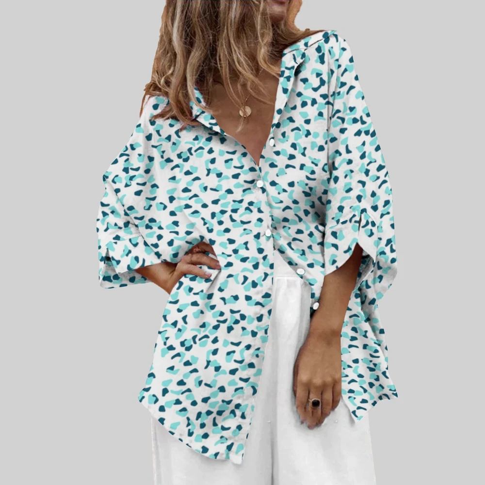 

Lightweight Blue-White Spotted Shirt Nature-Inspired Blouse Prints Breezy Blue-Green Shirt Women’s Casual Vacation Shirt