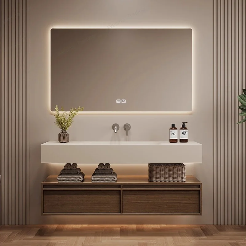 Sets Solid Wood Bathroom Cabinet Rock Slab Seamless Integrated Basin Antique Bathroom Hand Wash Washbasin Bathroom Furniture