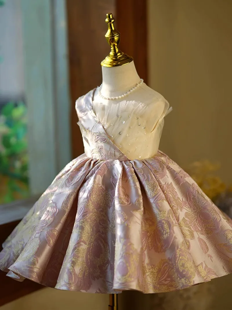 Luxury Flower Girl Dress Shiny sequin Retro Girls birthday party Dresses for Wedding jacquard Sleeveless 2024 Kids Dress