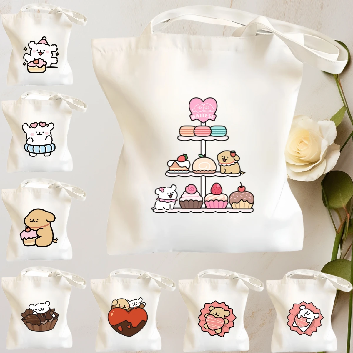 الكرتون جرو المالطية Kawaii حقيبة تخزين من القماش حقيبة يد الطلاب عادية المحمولة قابلة لإعادة الاستخدام سعة كبيرة أنيمي حمل الحقيبة الهدايا