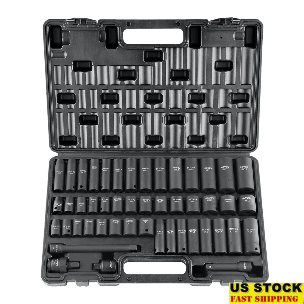 

48PCS 3/8 Inch Drive Impact Socket Set Cr-V Alloy Steel Deep Shallow SAE Metric Heavy Duty Toolbox High Torque Durable