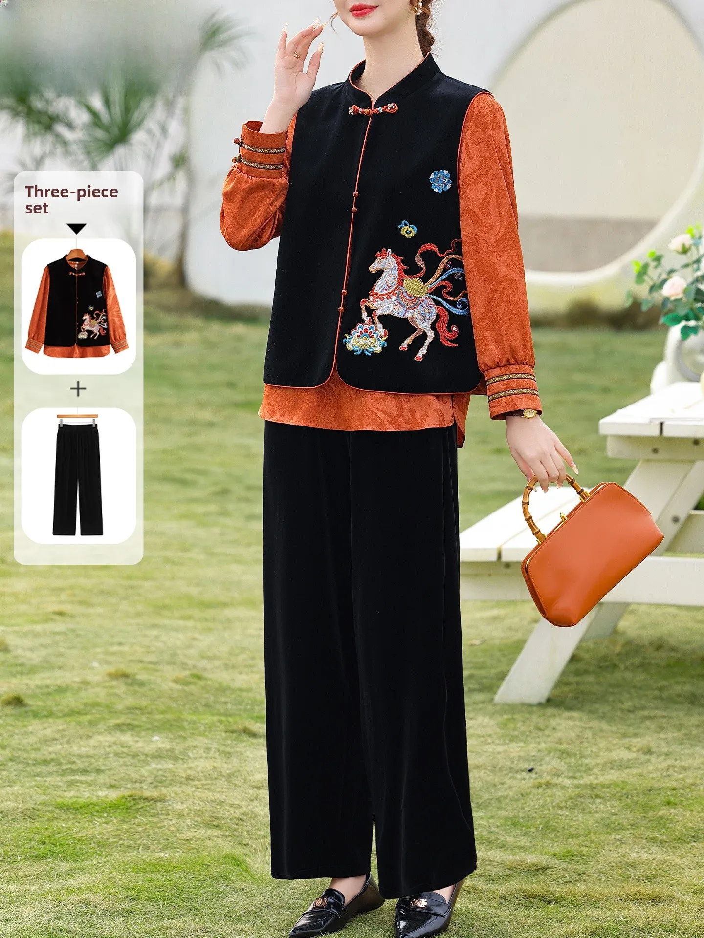 

Ele Gold Velvet Tee-Piece Set for Middle-Aged And ly Women Spring Faion Mom Clothes Regal And Sli Outfit