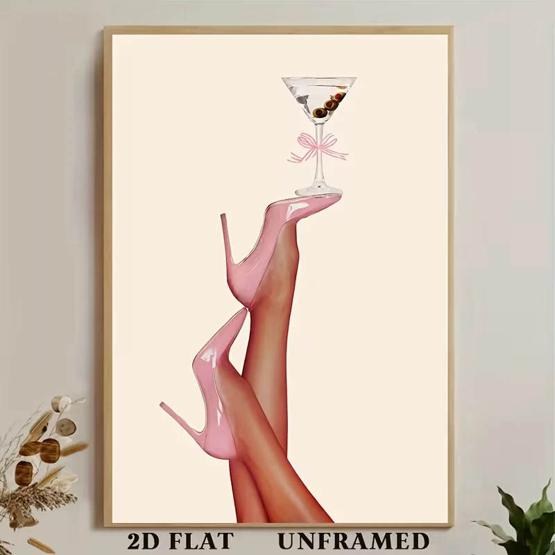 [2D Flat] Elegant Pink High Heel Canvas Art Print - 2D Flat, Unframed Wall Decor with Martini Glass & Floral Accents, Ideal for