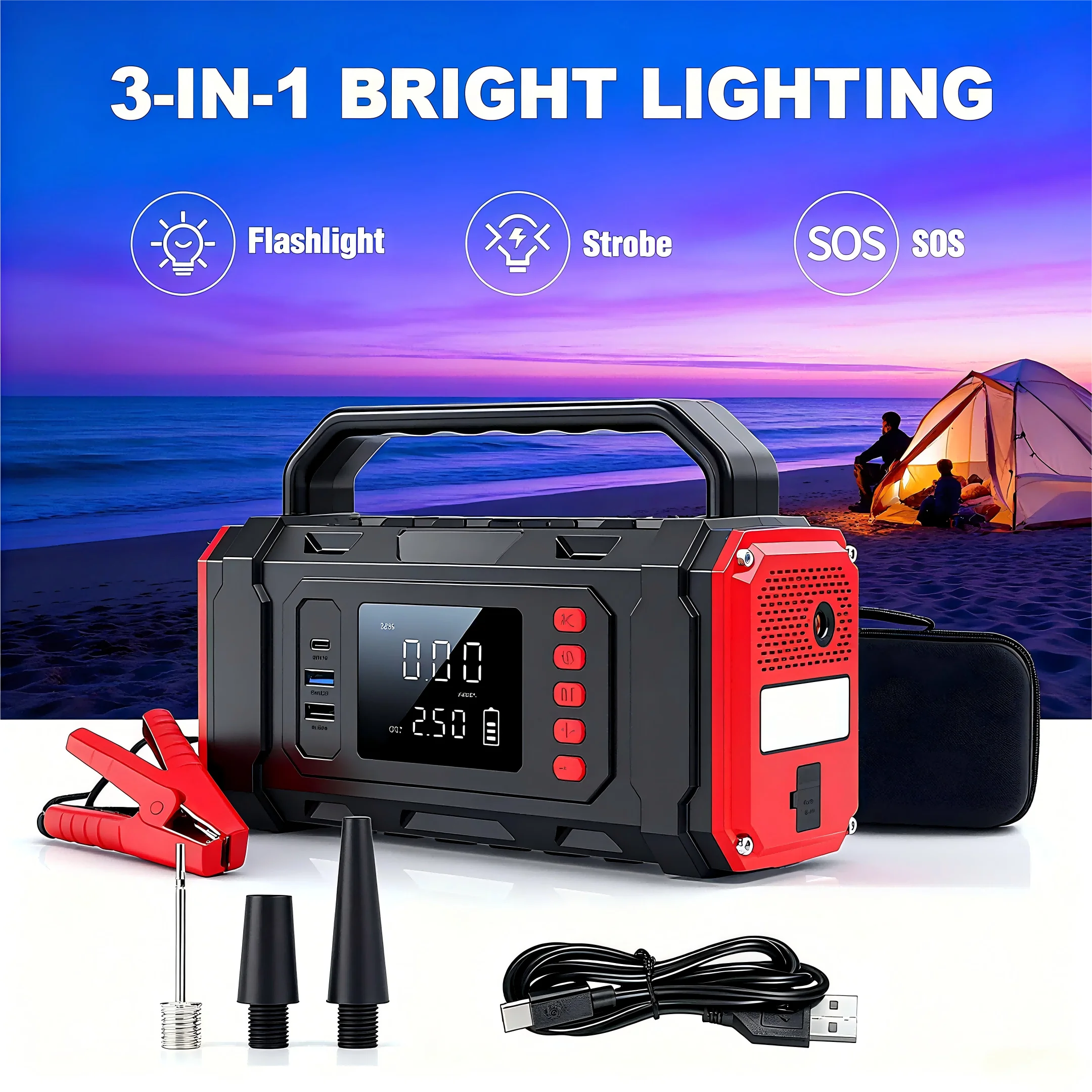 Arrancador de batería portátil para coche, Kit de herramientas de emergencia con luz LED, inflador de neumáticos, refuerzo de litio para principiantes de camiones