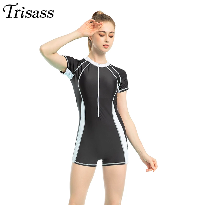 Trisass 2022 New Professional One Piece Swimsuit L-6XL Short Pants Swimming Sportswear Women's Swimwear With Sleeves Bodysuit