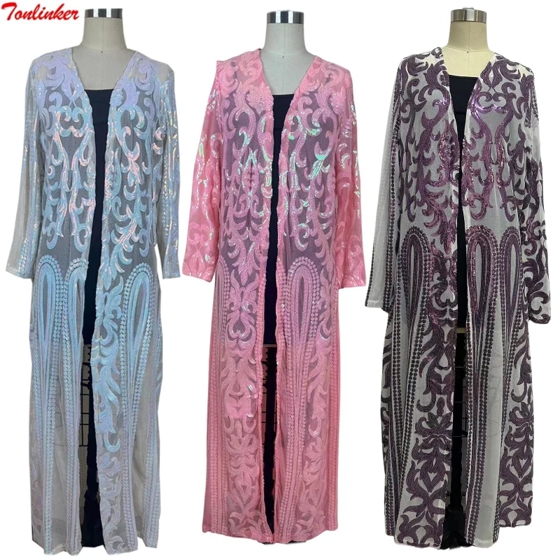 Cárdigan largo de lentejuelas de colores brillantes para mujer, chaqueta transparente de malla, punto abierto, elegante, informal, Ouro Lantejoula,