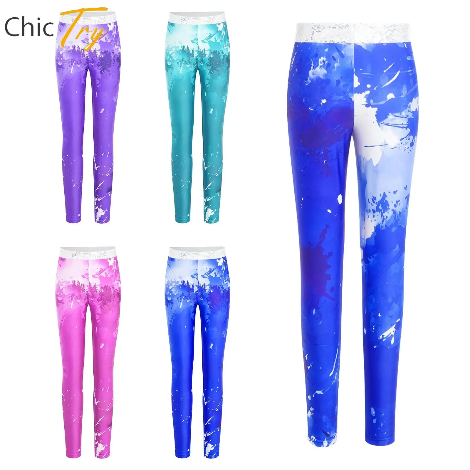 

Kids Girl Athletic Figure Skating Dance Pants Shiny Sequins Stretchy Tight Gymnastics Leggings Performance Competition Dancewear