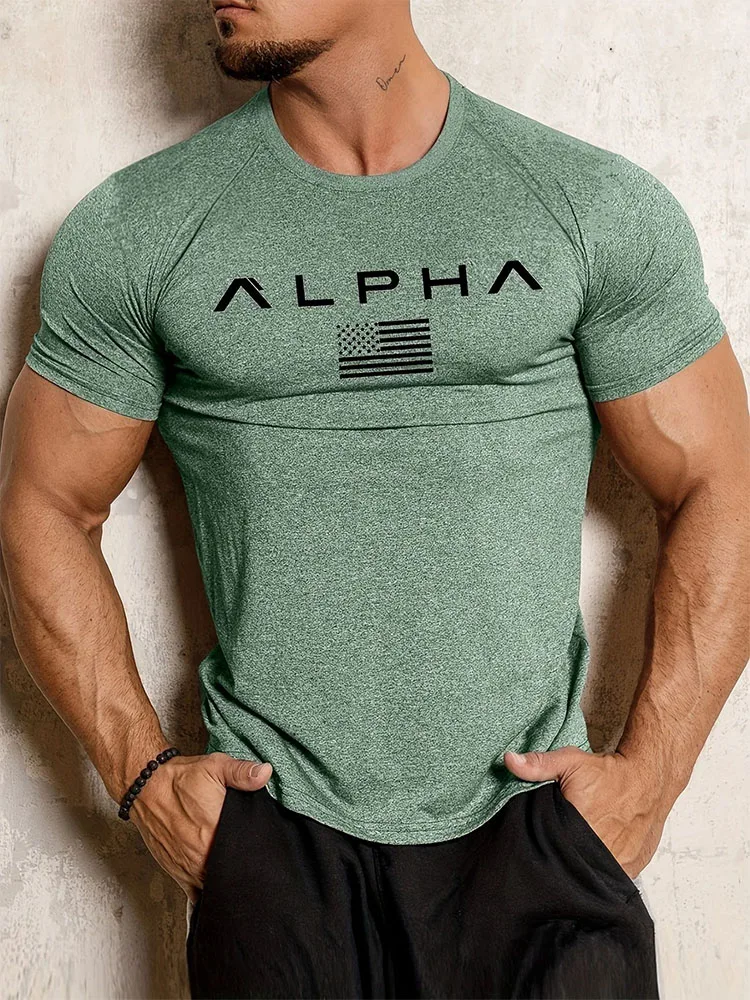 Men's Spring Summer Pure Color Printed Sports Fitness Short-Sleeved T-Shirt O-Neck Stretch Training Exercise Top