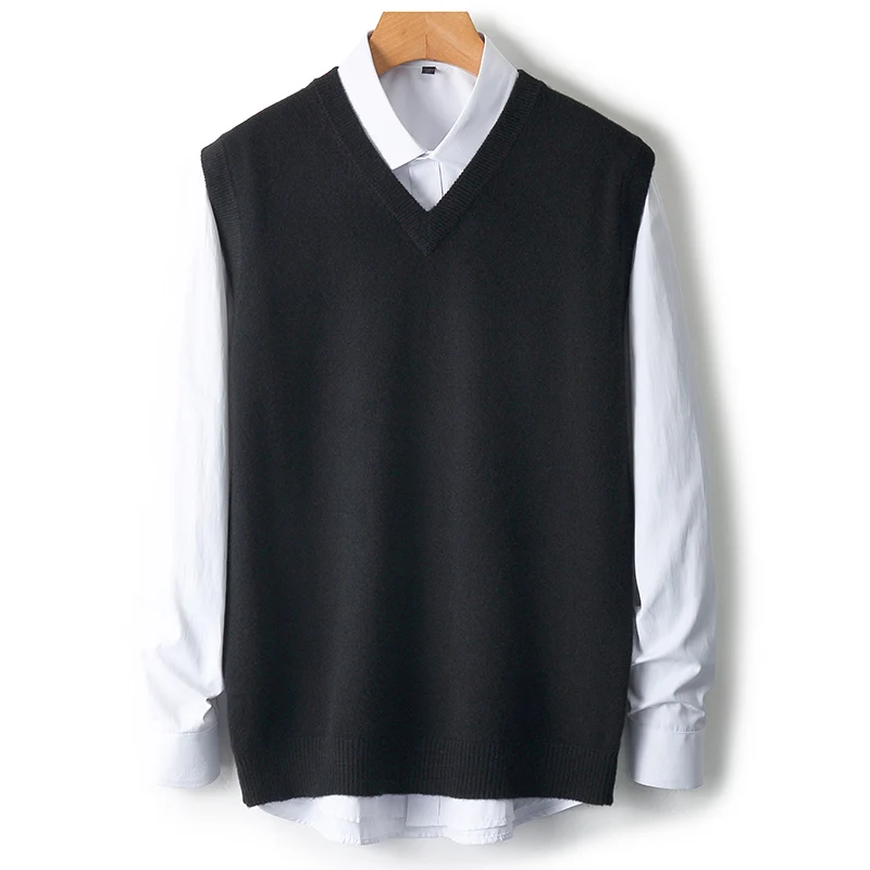 LDZWSM Autumn Winter New 100% Wool Knitted Waistcoat Men's V-Neck Loose Sleeveless Sweater Casual Tops Thick Vest  O3003018