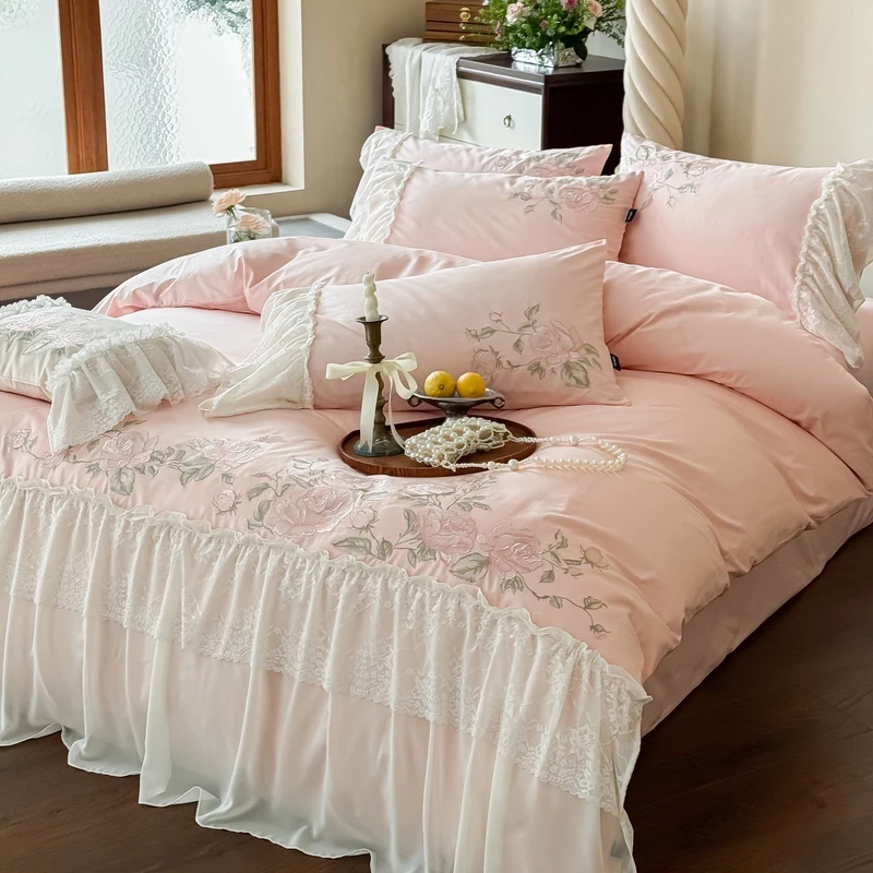 100% Cotton Pink Vintage Flowers Embroidery Lace Ruffles Duvet Cover Set Bed Sheet Or Fitted Sheet Pillowcases Girls Bedding Set