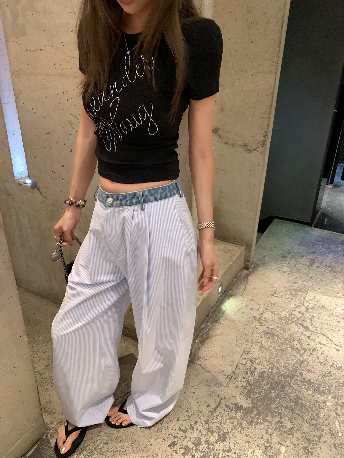 

Джинсы NanaByNana с высокой талией, прямые, в полоску, повседневные, женские, летние, с джинсовыми вставками, хлопок 100%