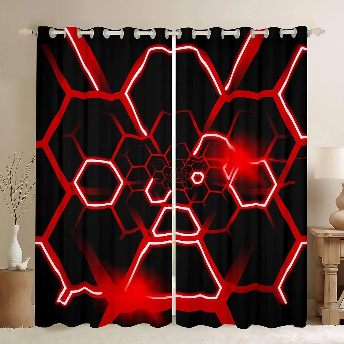 Futurism Hexagonal Art Printed Curtain for Home Decor Rod Pocket Grommet Top Window Treatment for Bedroom Kitchen Living Room