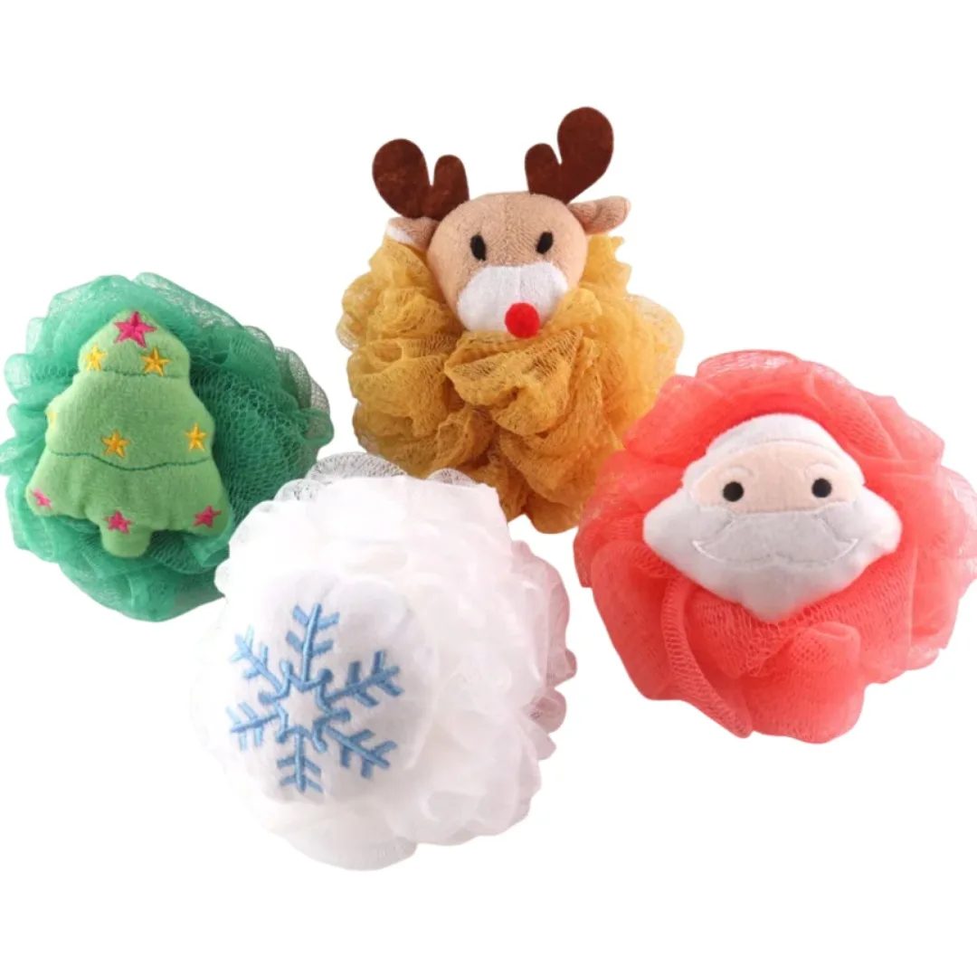 かわいいクリスマス漫画メッシュスポンジボディスクラバーバススポンジシャワーボールボディウォッシュ洗浄マッサージクリスマス入浴フラワー HOT