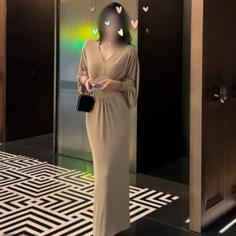 気質Vネックワンピース レディース 夏 スリム ハイウエスト カジュアルスカート ヒップカバー ロングワンピース