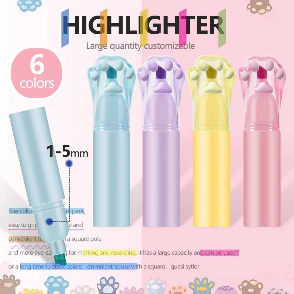 6 ألوان فسفورية لطيف القط باو شكل طرف مائل لرسم الكتابة على الجدران الأطفال هدية الفن مكتب القرطاسية اللوازم المدرسية