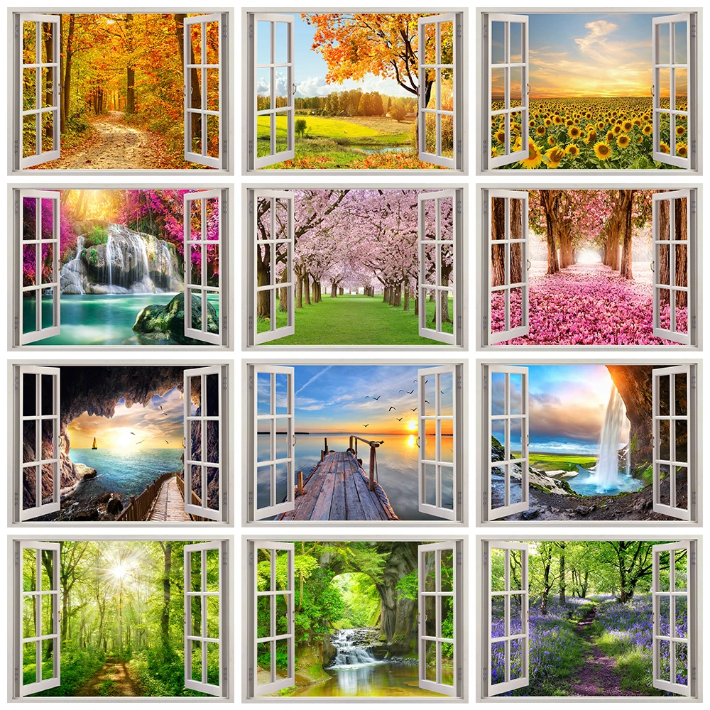 

Seasons Natural Landscape 3D Fake Window Wall Sticker Decoration Bedroom Living Room Flower Natural Scenery Wall Art Decal