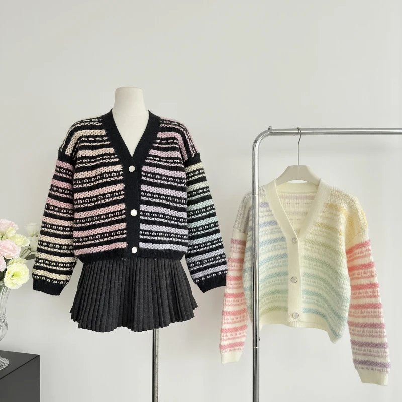 Rainbow Striped Sweet Knitted Cardigans Women Autumn Winter New Elegant Sweaters Loose Contrast Color Knitted Coats Y2k