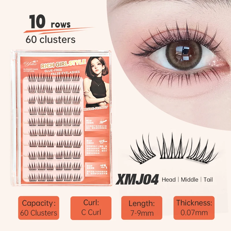 Yelix DIY Self-Adhesive Cluster Lashes 10 Rows Glue-Free DIY False Lashes Korean Manga Style Sectioned Eyelashes Natural Soft