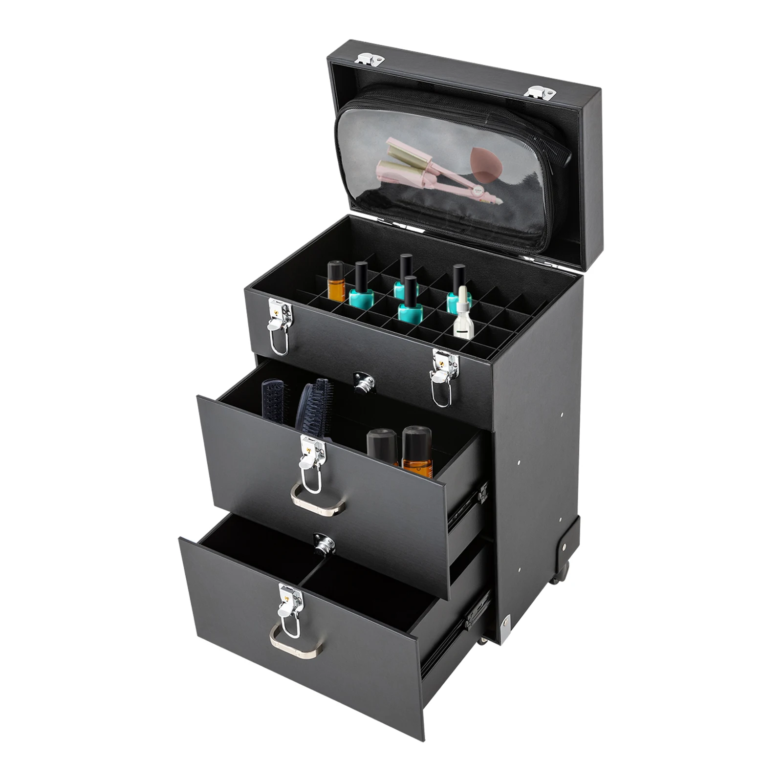 Portable Rolling Makeup Train Case Aluminum Makeup Travel Organizer Cosmetic Case  Lockable for Artist Hairstylists, Black