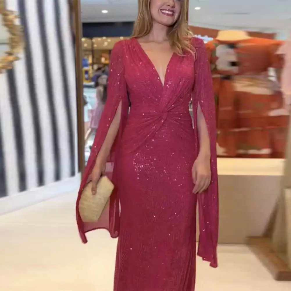 

A-line Dress Elegant Sequin Maxi Dress Stunning Split Sleeves Deep V Neck Slim Fit for Women's Prom or Banquet Evening Wear Prom