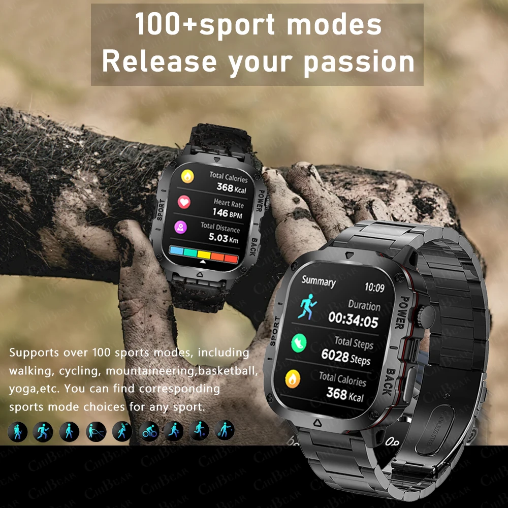 Militär Outdoor Smartwatch Männer 2,01 Zoll Bildschirm Fitness Uhren IP68 wasserdichte Herzfrequenz Bluetooth Anruf Smartwatch neu