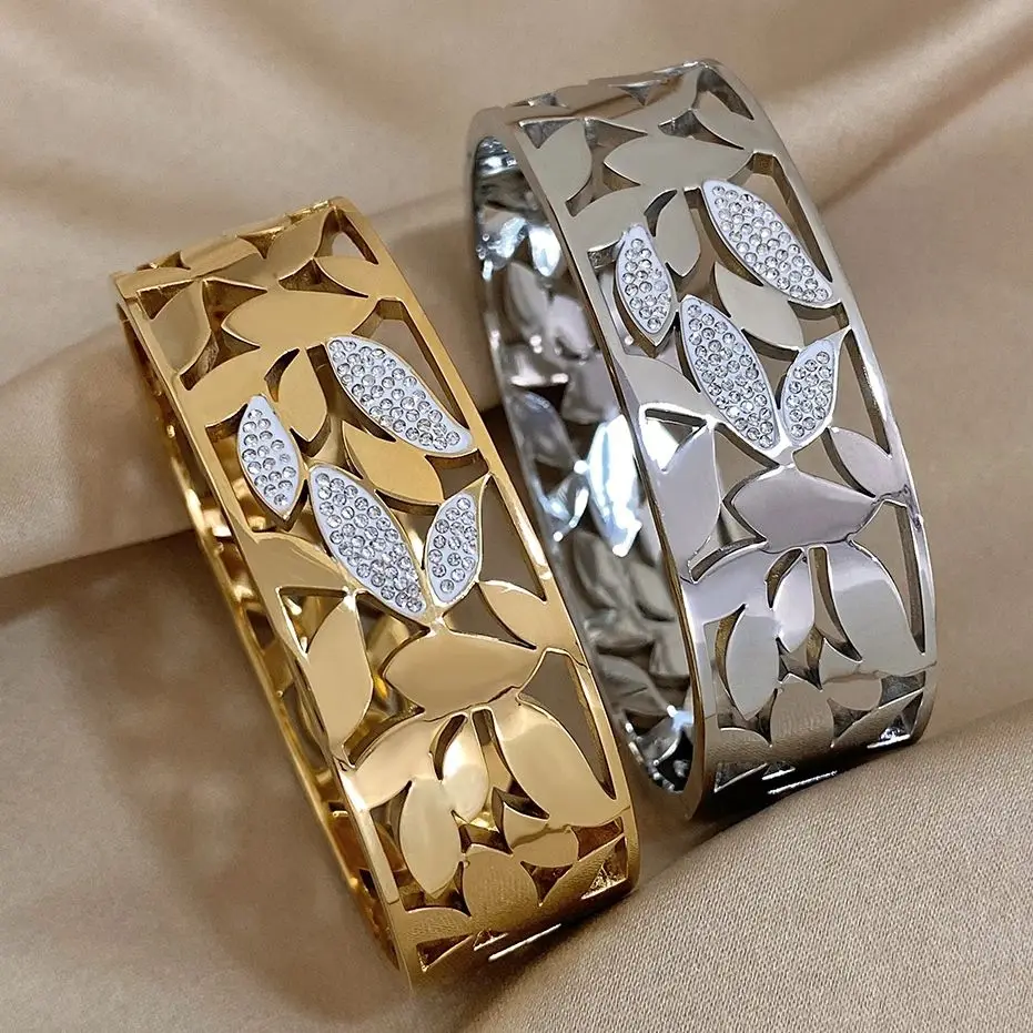 

Freetry Elegant Irregular Zircon Inlaid Leaf Wide Bangle Bracelet For Women Geometric Stainless Steel Cuff Bracelet Jewelry Gift