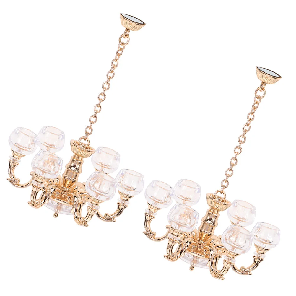 

2 Pcs Pendant Light Dollhouse Chandelier Mini Ceiling Lamp Model Hanging Golden Miniature Tiny