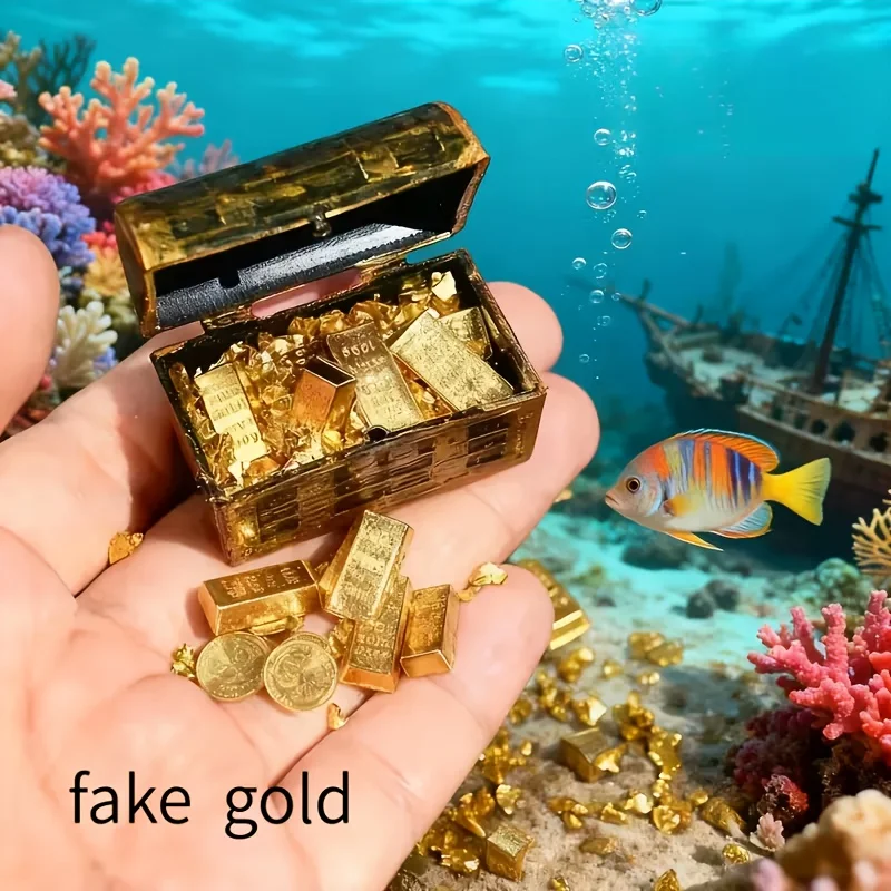 1 Juego de Mini Cofre del Tesoro Pirata con Monedas y Barras Doradas - Decoración Resistente de Metal para Acuario, Adorno para Pecera con Temática Pirata