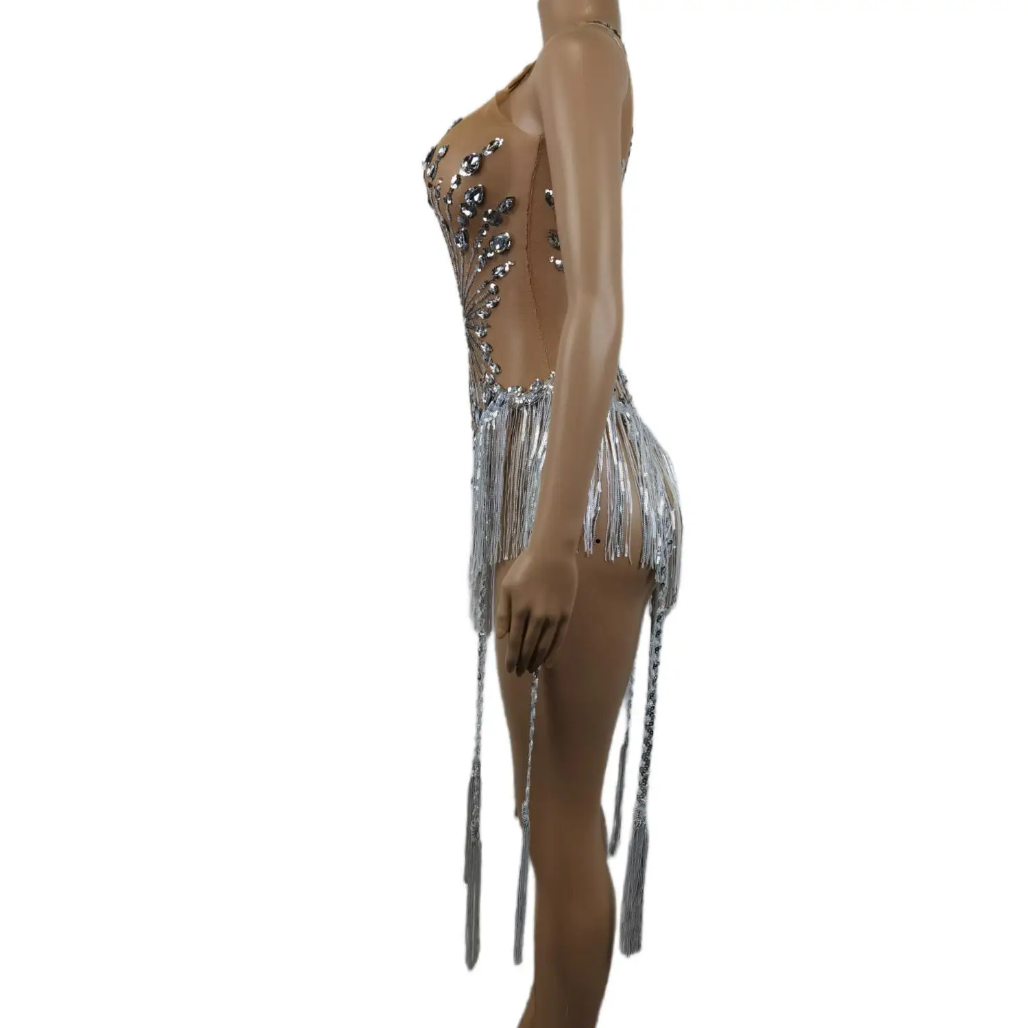 Bodysuit de cristal diamante de malha feminina collant borla lantejoula roupas de dança pólo show palco franjas, moda, senhora