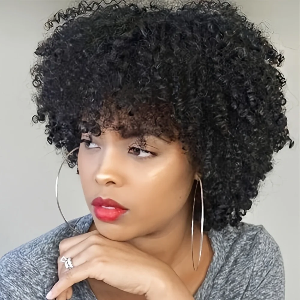 8 Inch Pixie Curly Human Hair Wigs With Bangs Machine Made Real Human Hair Wigs Brazilian Afro Kinky Curl Natural Hair For Women