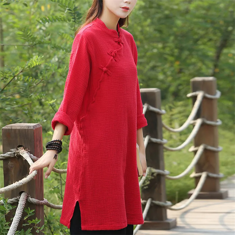 Wome Autumn Simple Vintage Button Dress Full sleeves Soft Cotton Linen Chinese Style Midi Dress Casual Loose Hanfu Vestidos